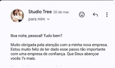 Print de e-mail da cliente Studio Tree agradecendo pela atenção na abertura da nova empresa