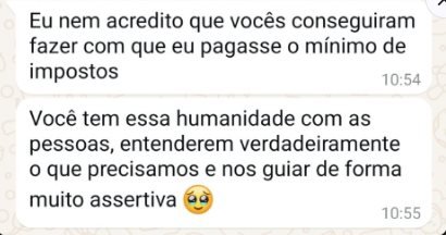 Print de conversa no WhatsApp de cliente elogiando a redução no valor de impostos pago e a humanidade no atendimento