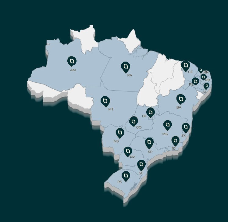 Mapa do Brasil com pinos marcando os 19 estados atendidos pela Toro Digital